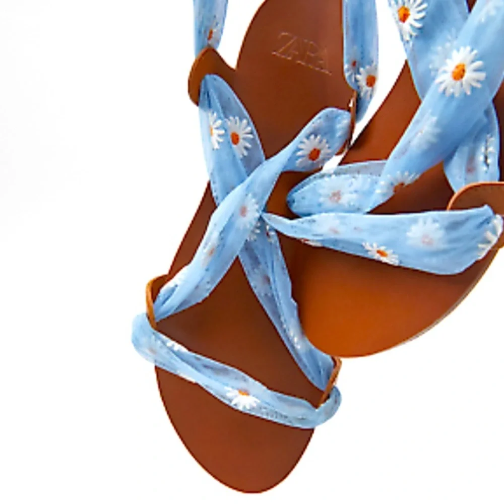 ZARA Strap Sandal LEATHER Flat DAISY TULLE Tie-Up GLADIATOR Shoe 39 - Picture 2 of 4